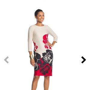 Chicos Elegant Floral Dress with Red and Black Accents